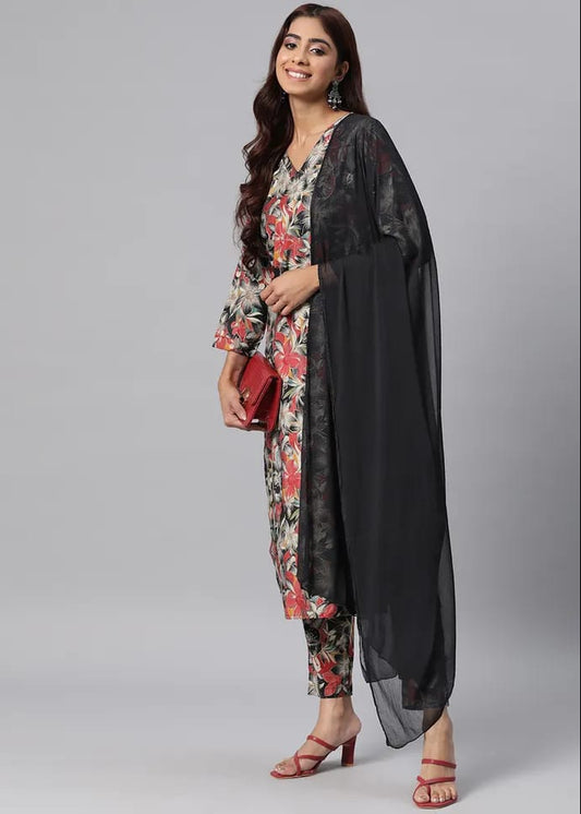 Women’s Black Floral Printed Kurta Pant Set with Dupatta