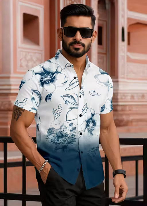 Men’s Blue Ombre Floral Print Short Sleeve Shirt