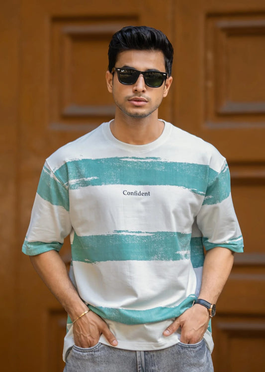 Men’s Striped Graphic Printed T-Shirt – “Confident” Typography – White & Teal
