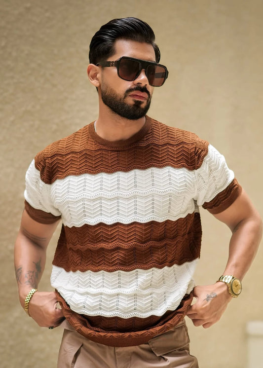 Men’s Textured Striped Knit T-Shirt – Brown & Off-White Premium Casual Wear