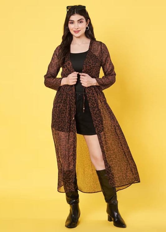 Women’s Brown Leopard Print Long Sheer Shrug – Full Length Open Front Kimono