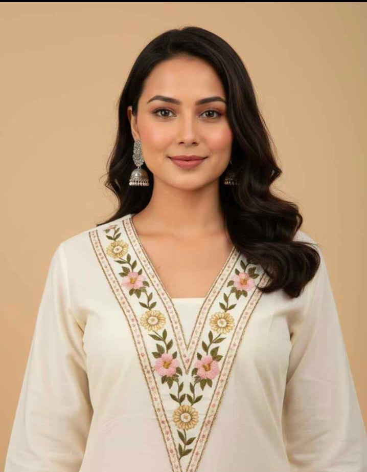 Women’s Elegant Off-White Embroidered Kurti – Floral V-Neck Ethnic Kurti