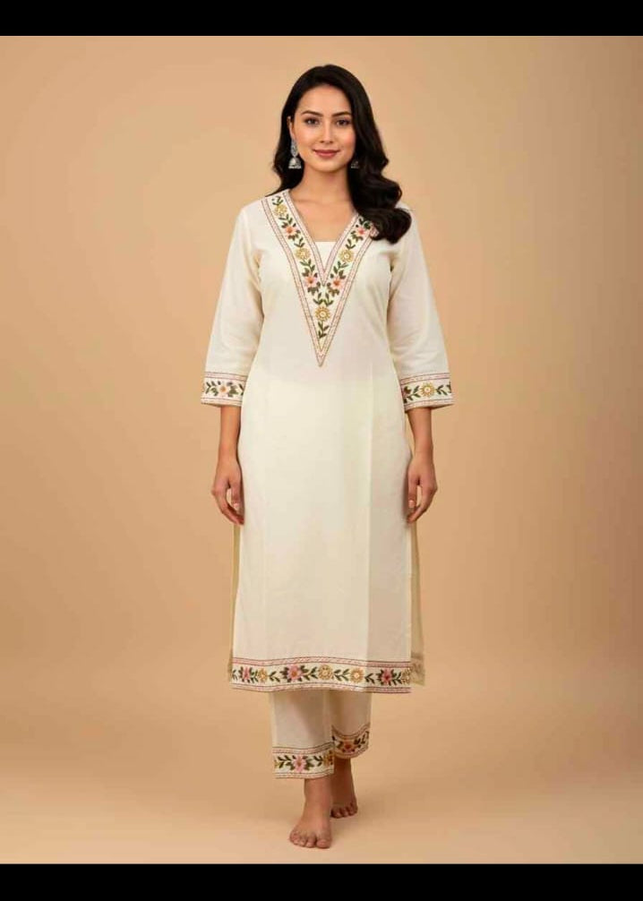 Women’s Elegant Off-White Embroidered Kurti – Floral V-Neck Ethnic Kurti