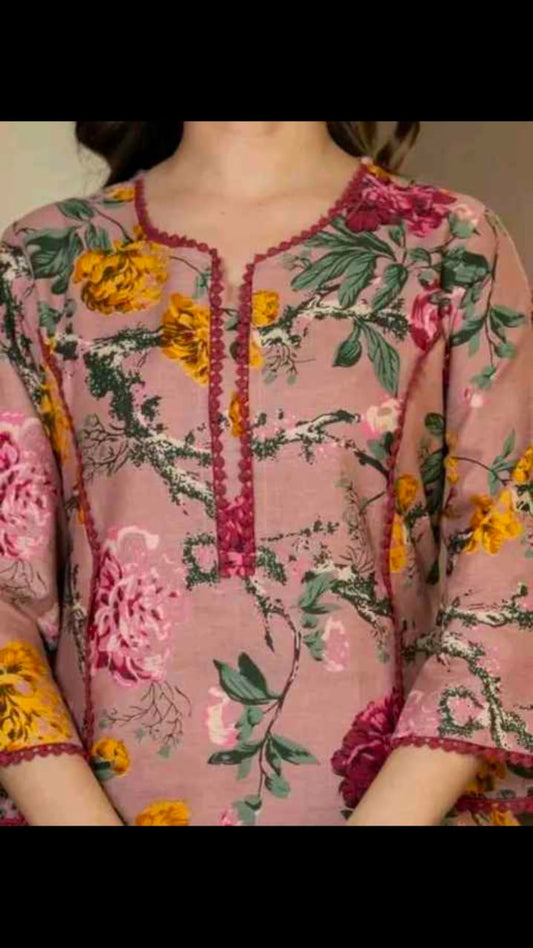 Women’s Pink Floral Printed Ethnic Kurti – Stylish Casual & Festive Wear Kurti