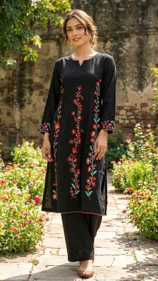 Women’s Black Floral Embroidered Kurta Set with Palazzo – Elegant Ethnic Wear