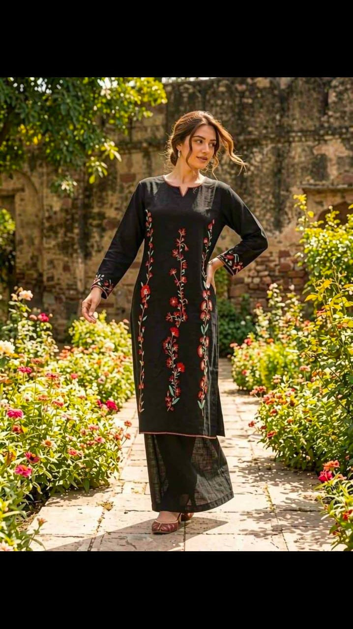 Women’s Black Floral Embroidered Kurta Set with Palazzo – Elegant Ethnic Wear