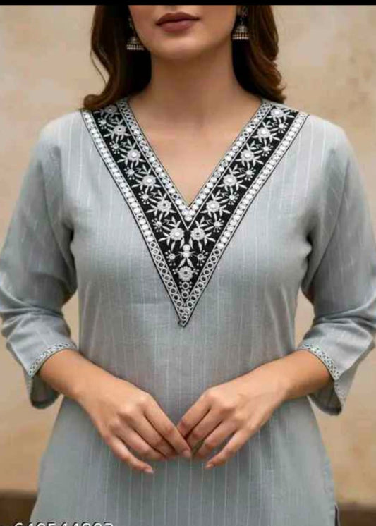 Women’s Grey Embroidered V-Neck Kurti – Elegant Casual Ethnic Wear