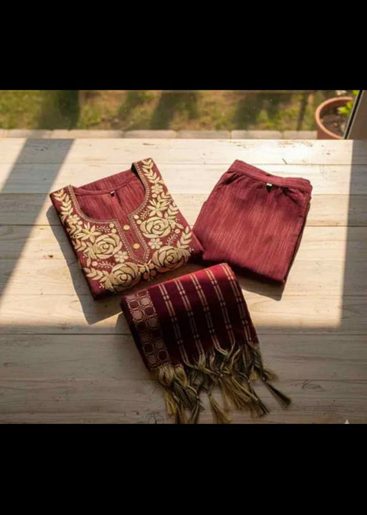 Women’s Maroon Embroidered Kurta Set | Festive Ethnic Wear with Dupatta