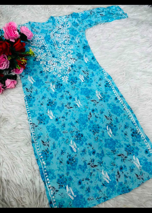 Women’s Sky Blue Floral Printed Kurta | Elegant Straight Ethnic Wear