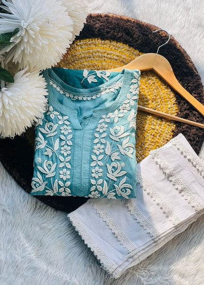 Women’s Sea Green Embroidered Kurta Set with White Bottom | Elegant Ethnic Wear